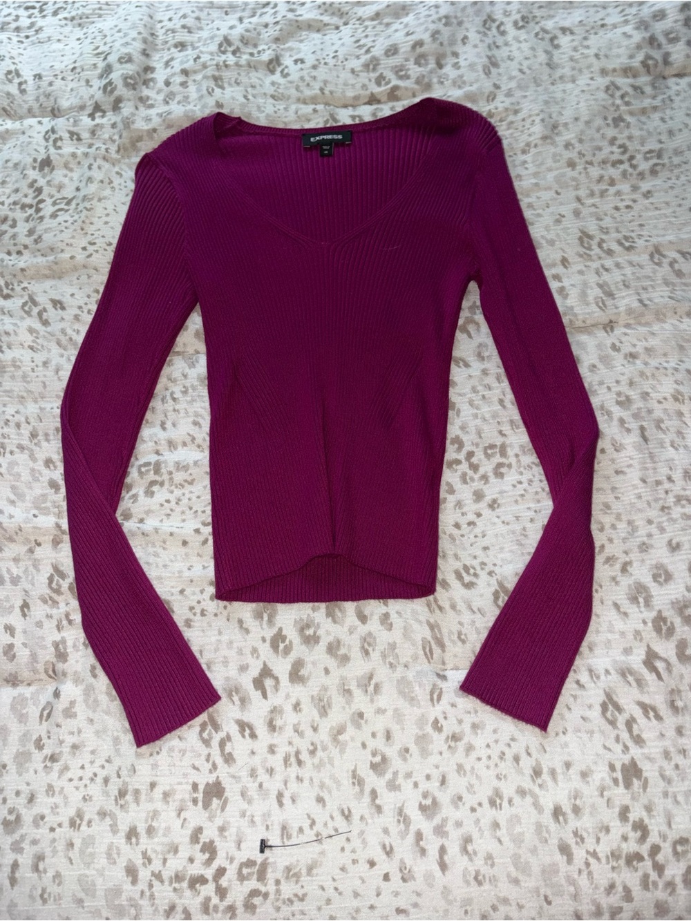 Express Long Sleeve Ribbed V-Neck Top in Magenta